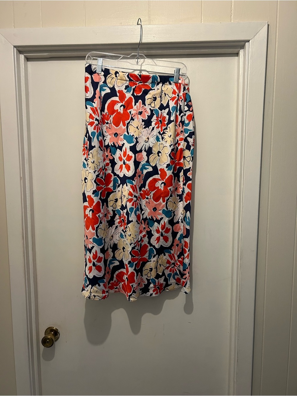 Skies Are Blue Navy Floral Midi Skirt with Red and Cream Blooms